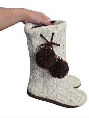 White Cable-Knit Pom Pom Slipper Boots with Brown Accents
